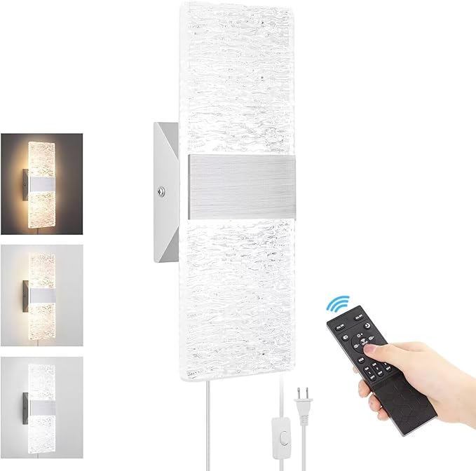 Plug in Wall Sconces with Adjustable 3000K-6500K Colors & 10%-100% Brightness, Sconces Wall Decor Set of 2 with Remote Control, 12W Acrylic LED Plug in Wall Light (1 Pack, Corrugated Finish)