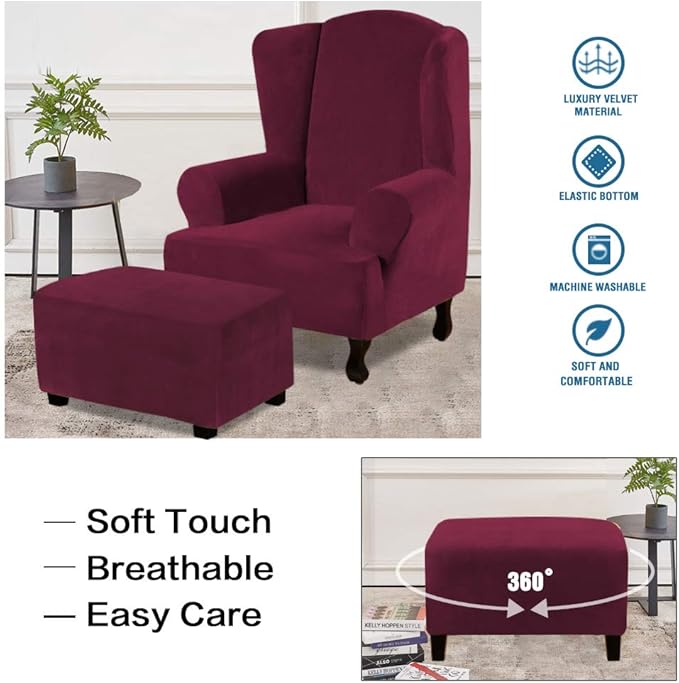 H.VERSAILTEX Real Velvet Plush 1 Piece Form Fit Stretch Rectangle Folding Storage Covers Ottoman Slipcovers Removable Footstool Protect Footrest Covers Elastic Bottom Washable(Large, Burgundy)