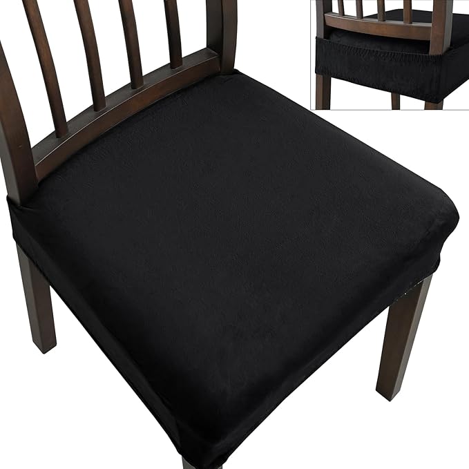 Dining Chair Seat Covers, Stretch Velvet Chair Seat Slipcovers Protector, Removable Washable Kitchen Chair Covers for Dining Room Chairs (Set of 2, Black)