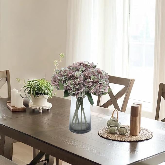 Kimura's Cabin 6pcs Fake Hydrangea Flowers Vintage Artificial Silk Hydrangea Bouquets with Stems Faux Hydrangeas for Wedding Party Home Table Core Decoration (Green Purple, Pack of 6)