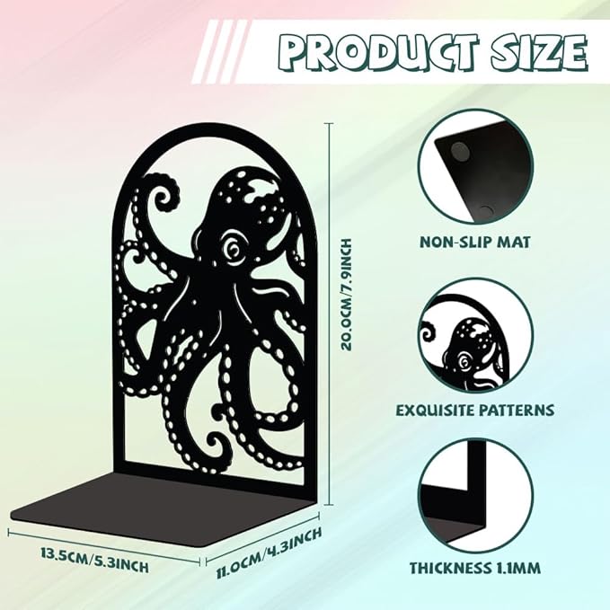 Peacoblue Metal Bookends for Shelves, Modern Decorative Heavy Duty Study Book Support Stoppers for Office, Desk, Shelf, Room 5.3"x4.3"x7.9" Cast Iron Simple Tall Bookends, 1 Pair (Octopus)