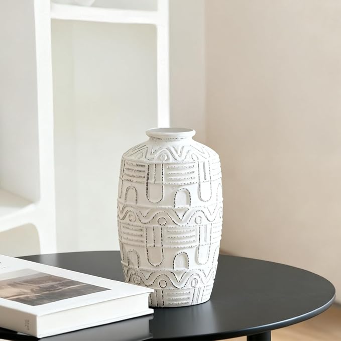 White Ceramic Vase 7.5 Inches, Boho Modern Table Centerpiece Vase, Fresh Dried Flower Pampas Grass Tall Vases Living Room Office Desk Decor, Idea (White, Small - 7.5 Inches)