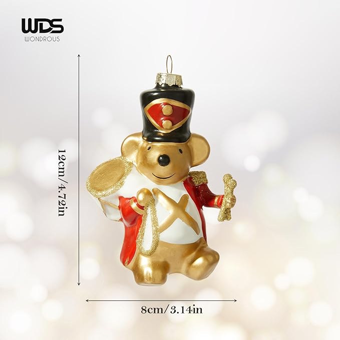 WDS WONDROUS Mouse Ornament Hanging Ball Christmas Decor - 3.14” Cute Animal Glass Ornament, Gold & White Christmas Mouse Decoration, Small Funny Ornaments for Xmas Tree Winter Holiday Decor Party