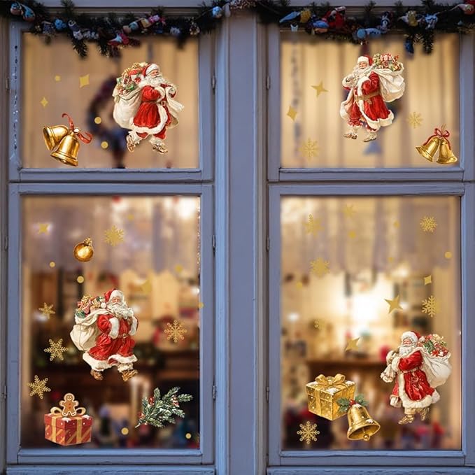 Vintage Santa Claus Christmas Wall Decals | Peel and Stick Retro Holiday Decorations – Removable Gold Snowflake & Gift Vinyl Stickers for Walls, Windows, Office, and Seasonal Décor