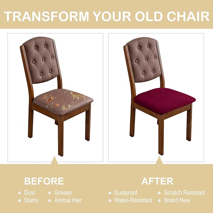 Waterproof Chair Seat Cover for Dining Room-Stretchy Washable Chair Seat Covers Set of 4-Kitchen Chair Seat Slipcovers Protector for Home Restaurant Banquet (Wine Red,Large)