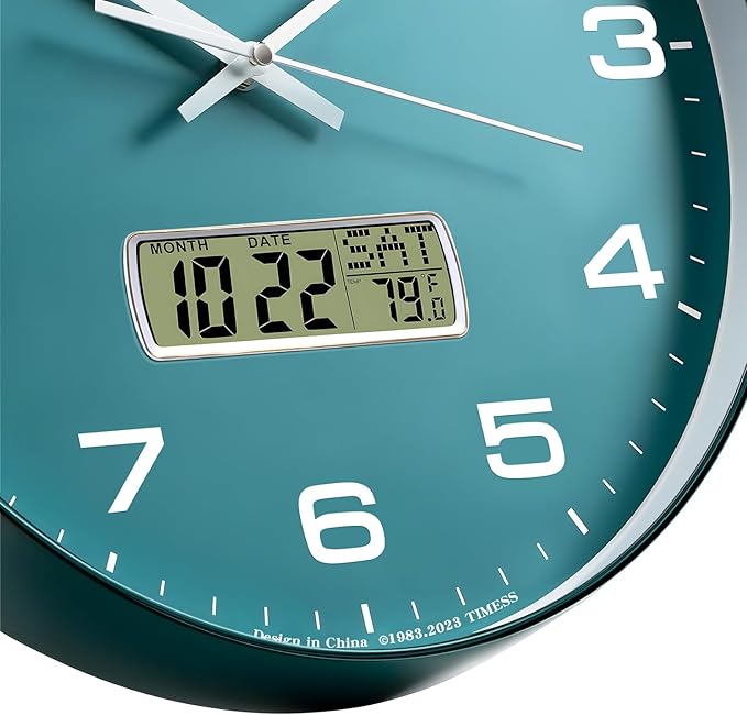 Wall Clock, 13" Dial Non-Ticking Silent Battery Operated Analog with LCD Display for Perpetual Calendar and F° Temperature, Ideal Modern Home, Office Decor (Green)