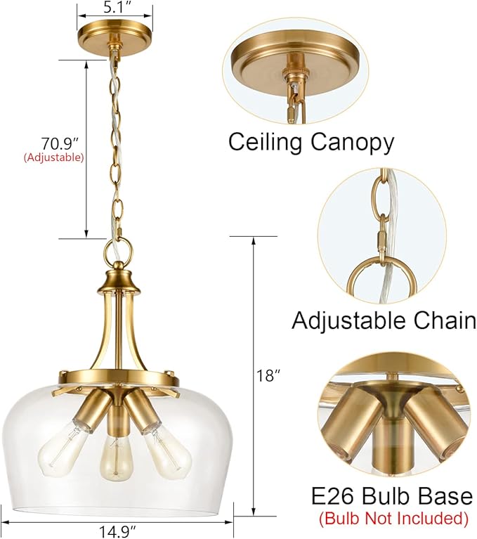 Modern Gold Pendant Light Mid Century 3-Light Clear Glass Pendant Lighting with Adjustable Chain Brass Glass Pendant Lights Kitchen Island for Dining Room Bedroom Living Room