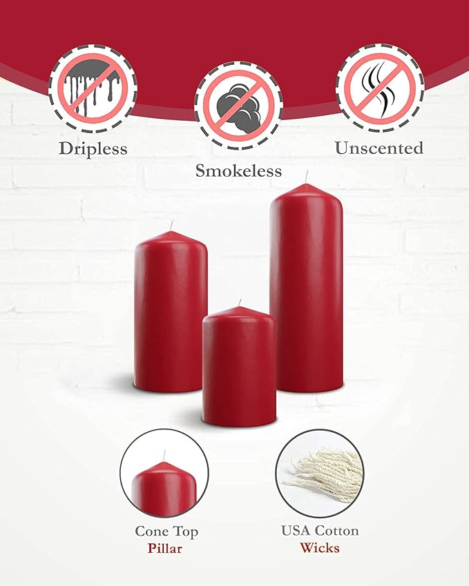 Bask Cone Top Pillar Candles - Elegant Red Candles - Set of 3 Red Pillar Candles - 3"x4", 3"x6", and 3" x8 - Smokeless and Dripless Decorative Candles for Home Decor and Relaxation
