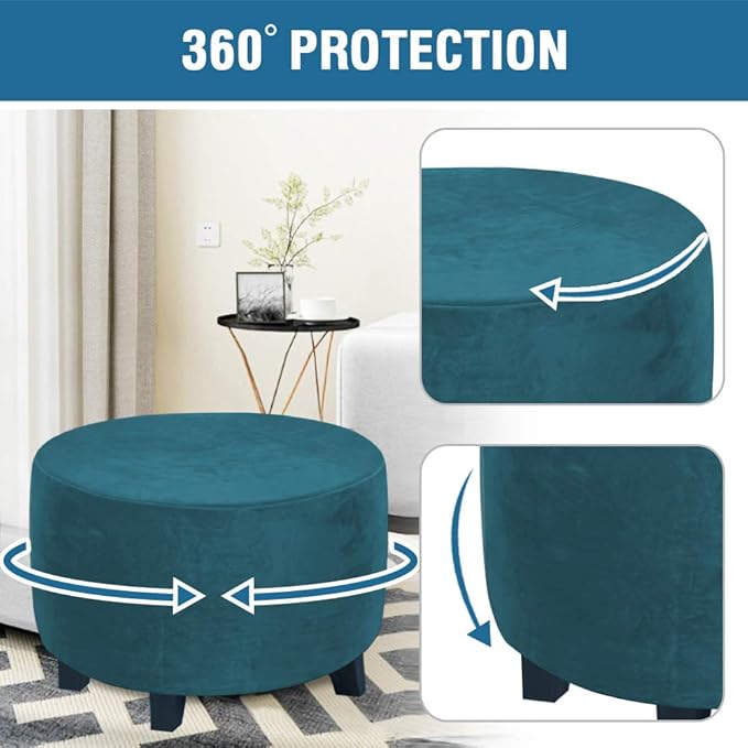 H.VERSAILTEX Round Ottoman Slipcover Ottoman Covers Slipcover Footstool Protector Covers Storage Stool Ottoman Covers Stretch with Elastic Bottom, Feature Real Velvet Plush Fabric (Medium, Deep Teal)