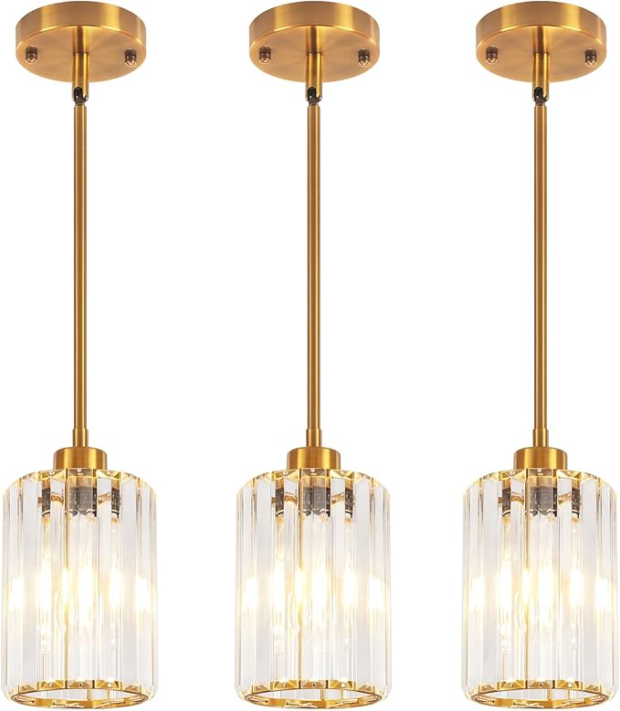 3 Pack Pendant Lights Kitchen Island, Modern Gold Crystal Pendant Light Fixtures Over Island, Mini Chandelier Hanging Pendant Lights for Kitchen Hallway Dining Room Bedroom