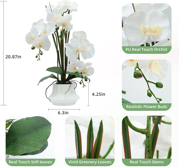CXGS Artificial Orchid Flower Plant 20.9'' Realistic Latex Faux Orchids in Ceramic Vase White Fake Phalaenopsis Flower Arrangement Orchids with Spotted Stems for Centerpiece Table Home Indoor Decor
