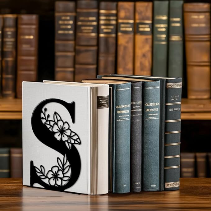 Peacoblue Metal Bookends for Shelves, Modern Decorative Heavy Duty Study Book Ends Stoppers for Office, Desk, Shelf, Room 5.3"x4.3"x7.1" Cast Iron Simple Tall Bookends 1 Pair (Letter S with Flower)