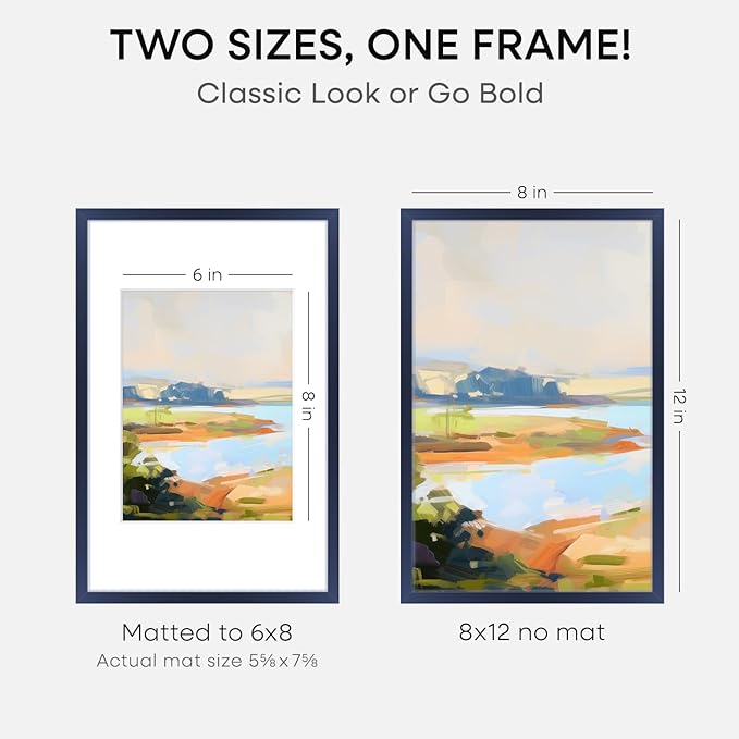 Homeforia 8x12 Picture Frame Navy Blue, High End Metal 8 x 12 Poster Frames with Mat 6 by 8 Photo, 12x8 Frame Matted to 6x8 inch Print, 8by12 Wall or Tabletop Frame, Tempered Glass, Wall Kit, Set of 2