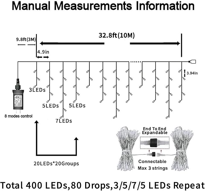 YEGUO 33ft 400 LED Icicle Lights Outdoor, 80 Drops Icicle Christmas Lights Connectable, 8 Modes White Icicle String Lights with Timer Memory Indoor