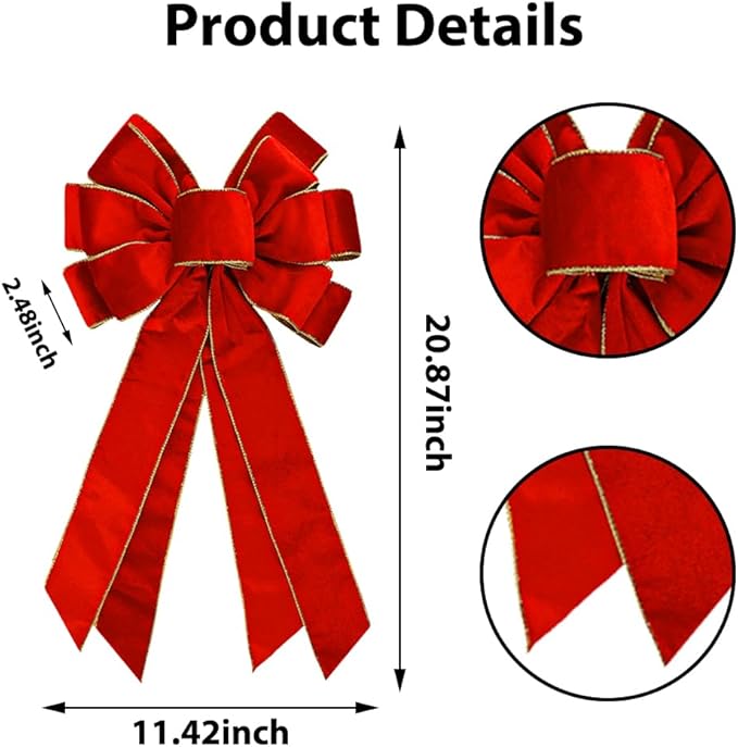 Large Christmas Velvet Wreath Bow 20 x 11.42in Red with Golden Edge