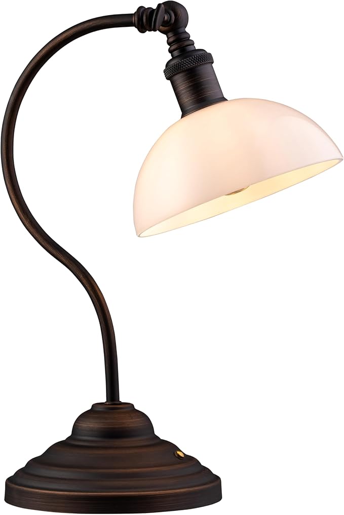 O'Bright Bankers - Cordless LED Table Lamp, Battery-Operated, Rechargeable, 3-Level Dimming, Universal USB-C Charging, 180° Swivel Head, White Jade Glass Shade, Oil Rubbed Bronze
