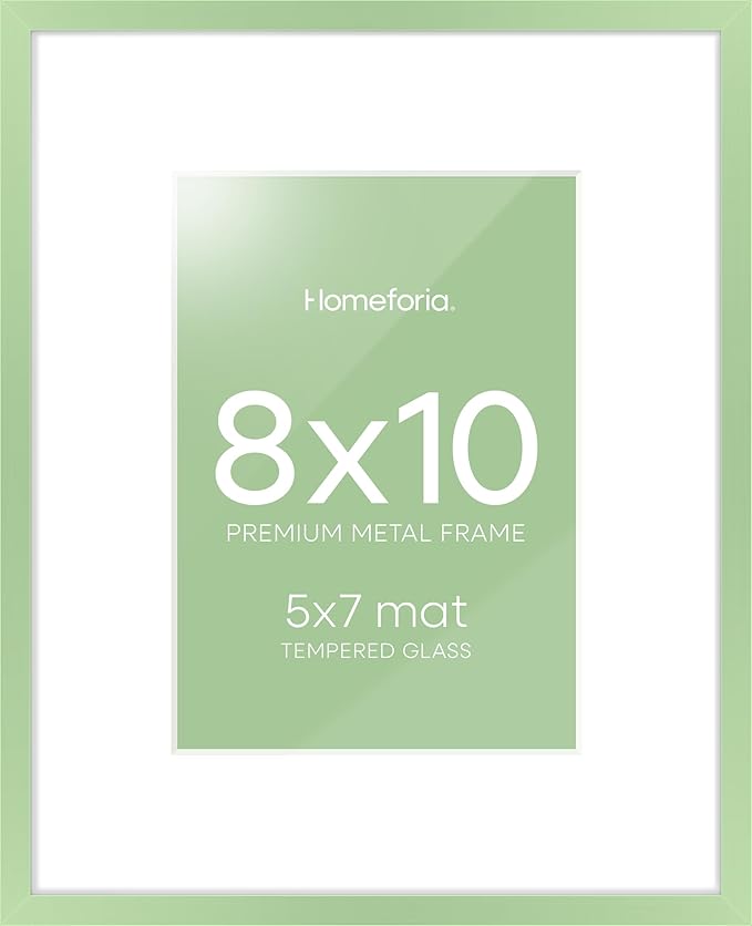 Homeforia 8x10 Picture Frame Sage Green, High End Metal 8 x 10 Poster Frames with Mat 5 by 7 Art, 10x8 Thin Frame Matted to 7x5 Photo, 8by10 Wall or Tabletop Frames, Tempered Glass, Wall Kit, Set of 1