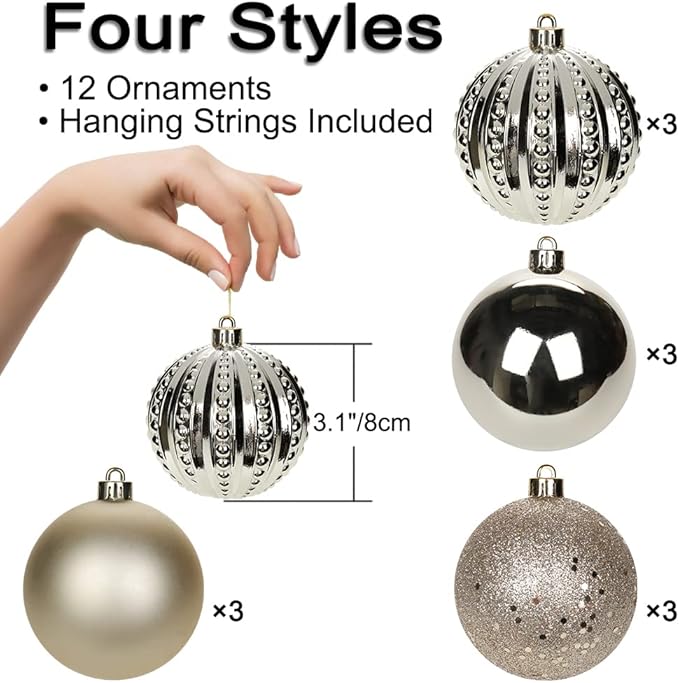 3.15" Champagne Christmas Balls Ornaments 12 Pcs Shatterproof Christmas Ornaments Set Matte Large Champagne Ornament for Xmas Tree Halloween Holiday Party
