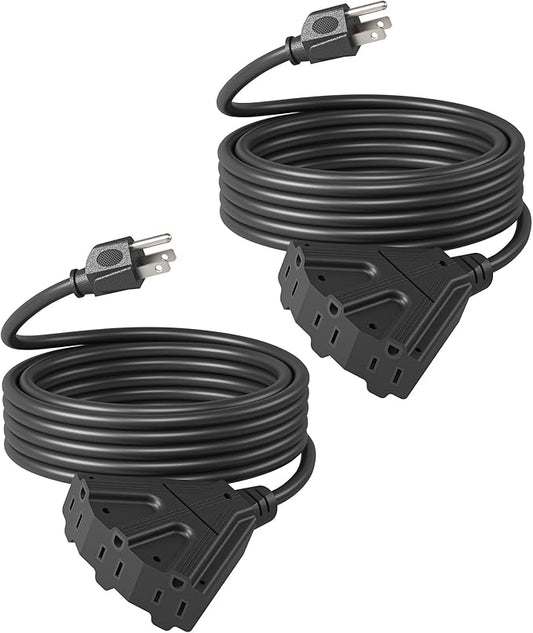 DEWENWILS Extension Cord Multiple Outlet Weatherproof, Christmas 15 FT Tri-Tap Cords, 16/3 SJTW Power Cable for Outdoor Landscaping String Lights, ETL Listed, Pack of 2, Black