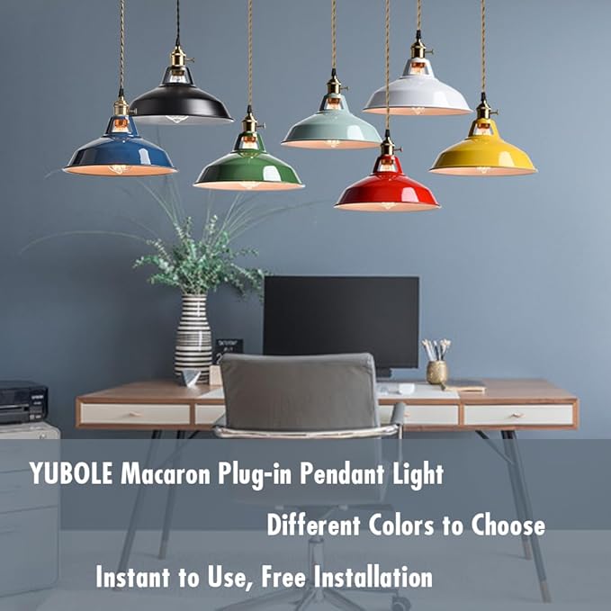 YUBOLE Modern Macaron Plug-in Plendant Light,10.6-Inch Hanging Light Fixtures with Metal Barn Shade Adjustable 17.06 Feet Plug Cord Pendant for Kitchen Bar Dining Bedroom,Sea Blue
