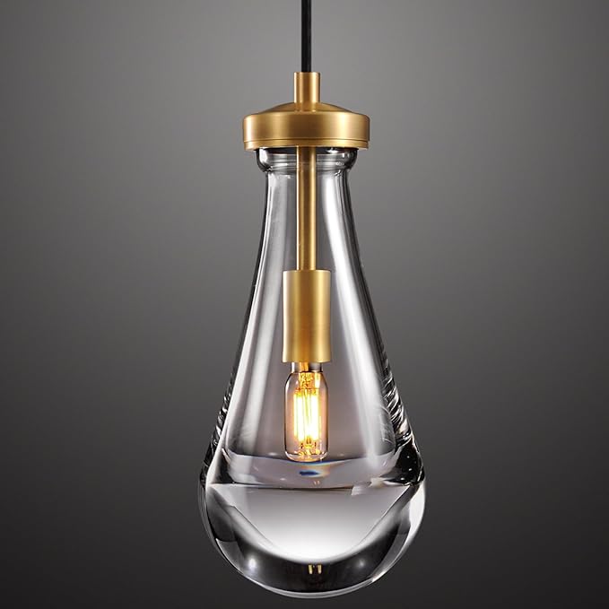 Raindrop Pendant Lights, Pendant Lights Kitchen Island, Brass Base Hanging Light Dining Room Light Fixture, Handblown Clear Kitchen Chandelier, Rope Pendant Lights for Living Room Hallway,E12 Bulb
