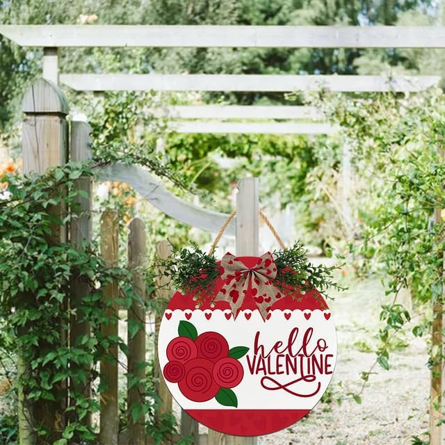 Boylee Hello Valentine Sign for Front Door Decorations, Rustic Round Wood Holiday Sign, Front Door Wreath Burlap Wooden Hanging Signs for Outdoor Farmhouse Porch Home Spring Holiday Decor