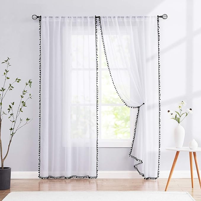 Treatmentex Black and White Sheer Curtains for Living Room 95" Long Linen Curtain Draperies for Nursery Room Decorative Pompom Voiles 2 Panels