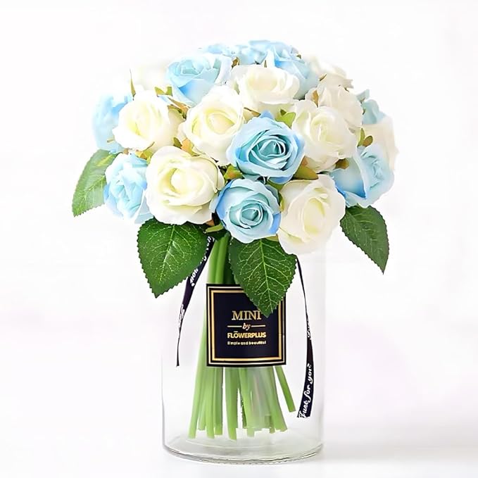 Jasion Artificial Roses Flowers 12 Heads Arrangement Silk Bouquet for Home Office Parties Bridal and Wedding Decoration (Blue and White)