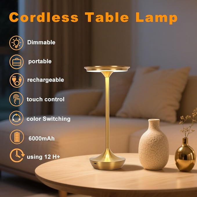 Rechargeable Cordless Table Lamp,Portable Outdoor 6000mAh Battery Operated LED Table Light Touch Control 3 Color Dimmable for Bedroom,Patio,Cofee,Camping,Dining,Restaurant&Livingroom-Gold