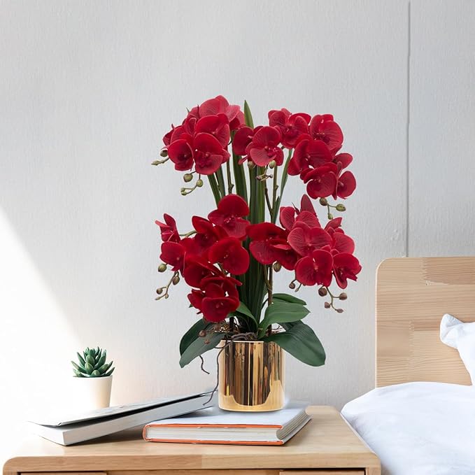 CXGS Artificial Orchid Flower Plants Real Touch Faux Orchids in Ceramic Vase 20.9'' Red Phalaenopsis Orchid Fake Flower Arrangement Home Indoor Decor