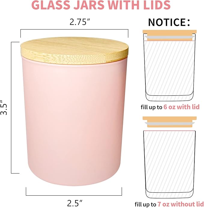 15 Pack Candle Glass Jars- 7oz Grayish Pink Empty Candle Jars with Bamboo Lids and Sticky Labels, Bulk Candle Jars for Making Candles Containers - Dishwasher Safe