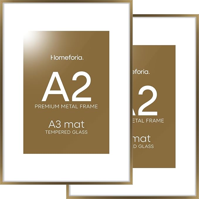 Homeoforia A2 Picture Frame Bronze, High End Metal 16.5 x 23.4 inch Poster Frames with Mat 11.7 by 16.5 Photo, A2 Size Brass Frame Matted to A3 Print, 16.5x23.4 Hanging Frame, Tempered Glass, Set of 2