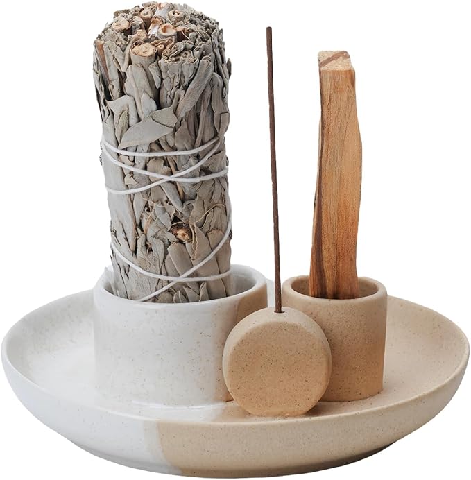 4 in 1 Incense Holder, Ceramic Incense Stick and Palo Santo Holder,Sage Holder for Burning- 5.5" Ceramic Ash Catcher Tray for Meditation and Yoga Room (Sun White Sand)