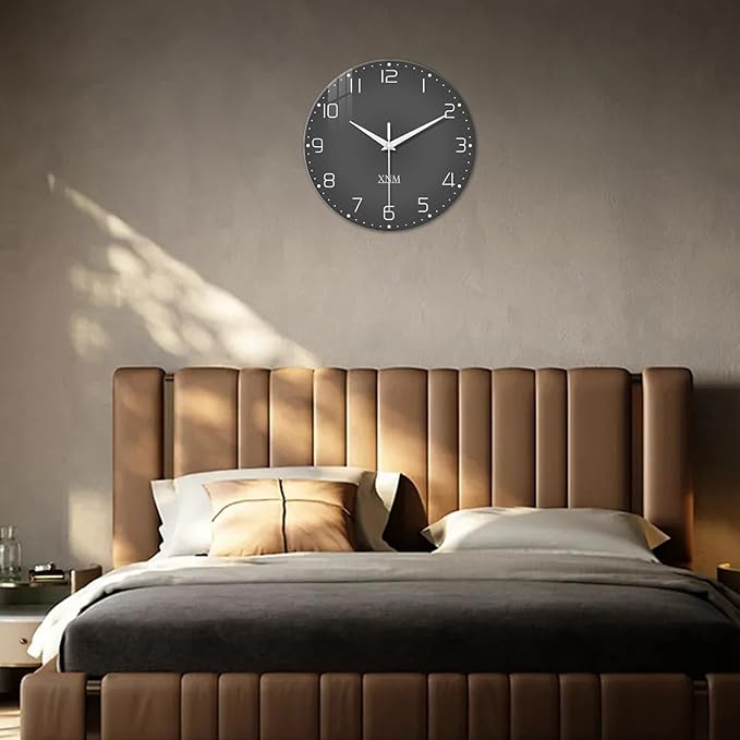 XNM Dark Grey Wall Clock for Bedroom Glass Modren Simple Wall Clock Battery Operated 14 Inch Minimalist Silent Clock Analog