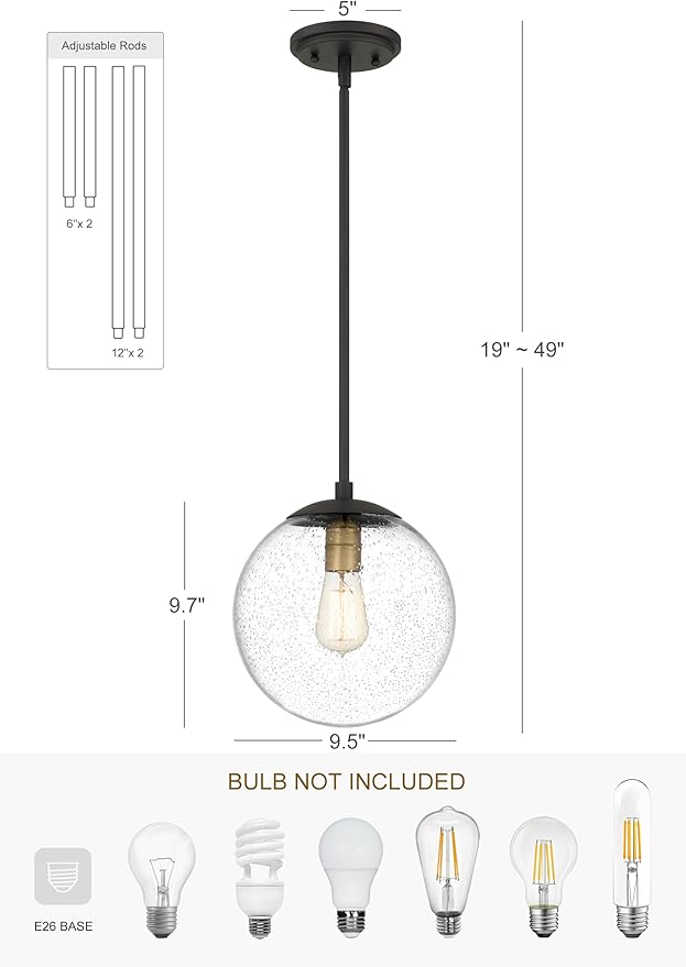 Globe Pendant Lighting, Black and Gold Pendant Light for Kitchen Island, 9.5 inch Seeded Globe Glass Shade for Kitchen, Hallway, Entryway, Dining Room, Bedroom, Living Room