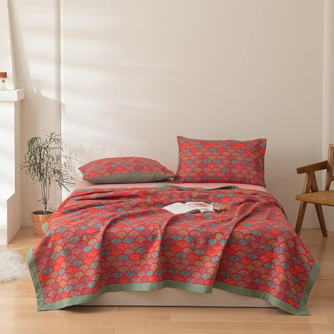 100% Cotton Muslin Blanket Jacquard Rustic Mermaid Fish Scales Quilt, Soft Bed Cover 3 Layers Reversible Bedspread Coverlet Breathable Lightweight Bedding King(98"x94"), No Pillow Sham