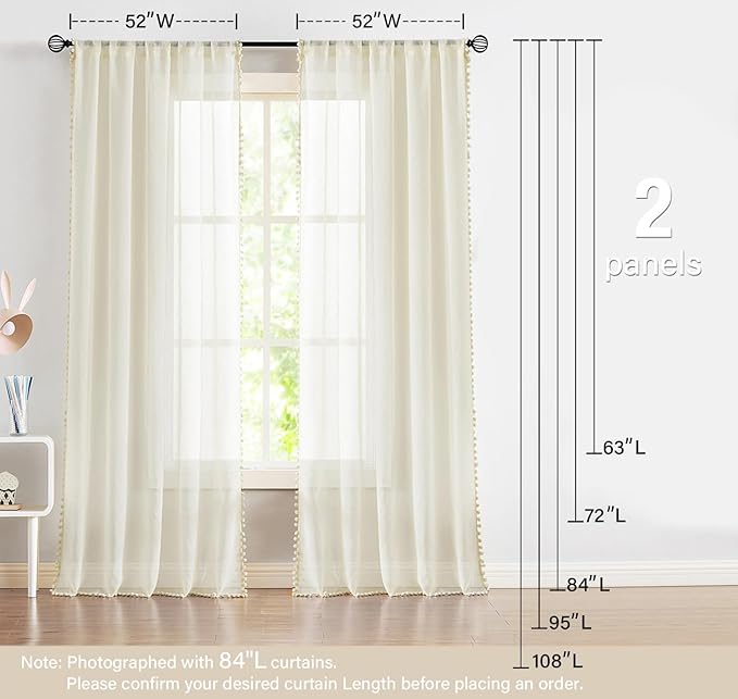 Treatmentex Pompom Linen Sheer Curtains for Living Room Bedroom 72 inches Long Slub Textured Window Curtain Drapes for Office 2 pcs, Beige