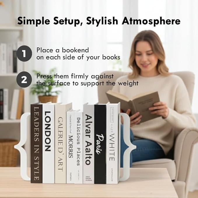 Decorative Bookends for Shelves - Modern Bracket Shaped Metal Book Ends for Home Office Decor, Unique Minimalist Desk Accessories & Gift (White)