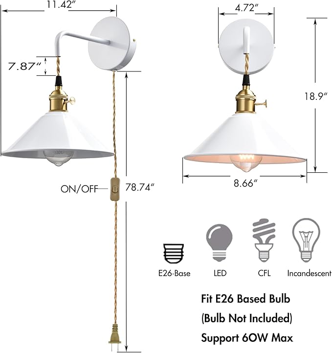 Plug-in Wall Lamp with Umbrella Shade, Bright White Wall Light Fixture Set of Two with On/Off Switch Nordic and Industrial Wall Sconces for Cabinet Bedroom bar
