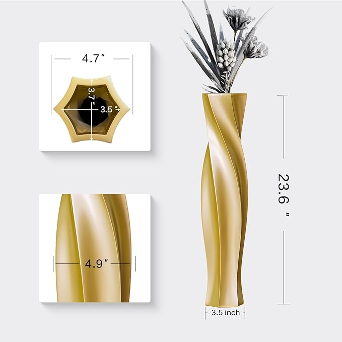 Tall Vases - 23.6" Tall Floor Vase for Home Decor, Floor Vases, Black Hexagon Twist Floor Vase, Fits Into Hay/Pampas Grass, Living Room, Office, Wedding Decor (Resin Gold)
