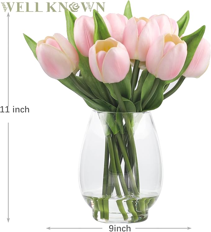 WELL KNOWN 12 Pcs Tulips Artificial Flowers in Vase, Real Touch Tulips with Vase with Upgrate Acrylic Water Flower Arrangements Centerpiece for Dining Room Table Decoration（Pink）