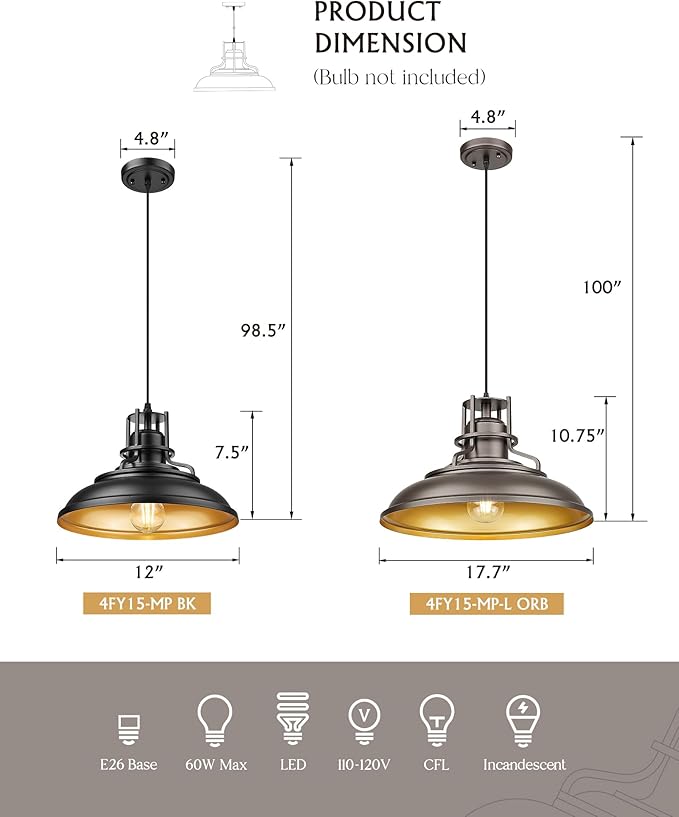 FEMILA 12" Modern Pendant Lights Kitchen Island, Black Pendant Light Fixtures for Foyer Cafe Kitchen, Adjustable Height, 2 Pack, 4FY15-MP-2PK BK-1