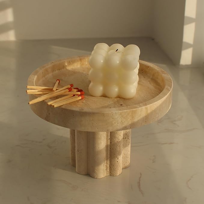 Natural Travertine Tray with Leg, Round 7.1" Vanity Decorative Tray for Countertop Organizer, Catchall Tray for Perfume, Candles, Jewelry Dish