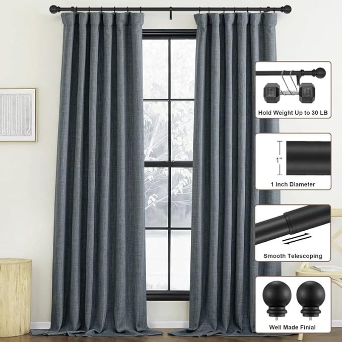 2 Pack Matte Black Curtain Rods, 48-84" Adjustable, Heavy Duty 1 Inch Diameter with Ball Finials