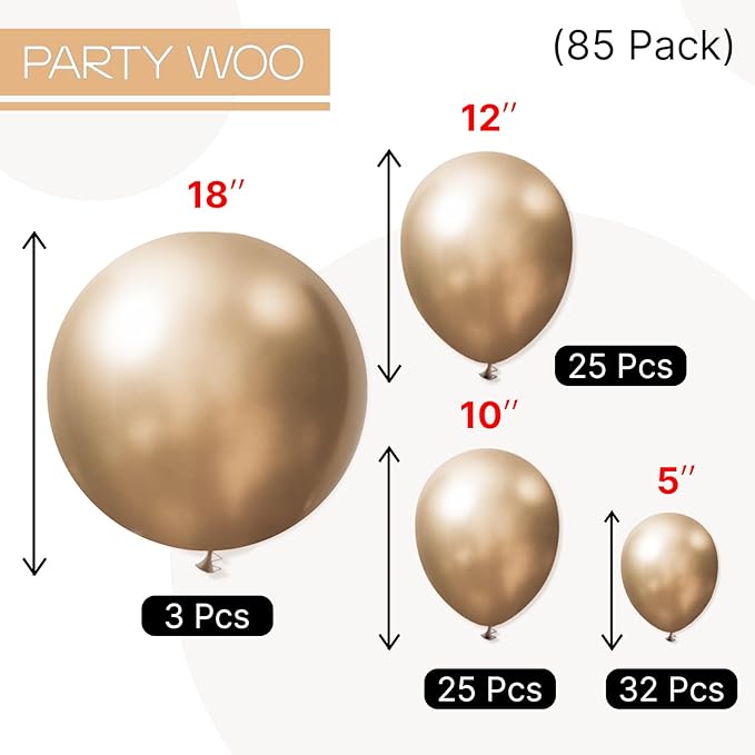 PartyWoo Metallic Gold Balloons 85pcs Different Sizes of 18 12 10 5 Inch Chrome Gold Balloon Arch Kit Garland for Birthday Graduation Baby Shower Wedding Bachelorette Party Decorations Gold-G127