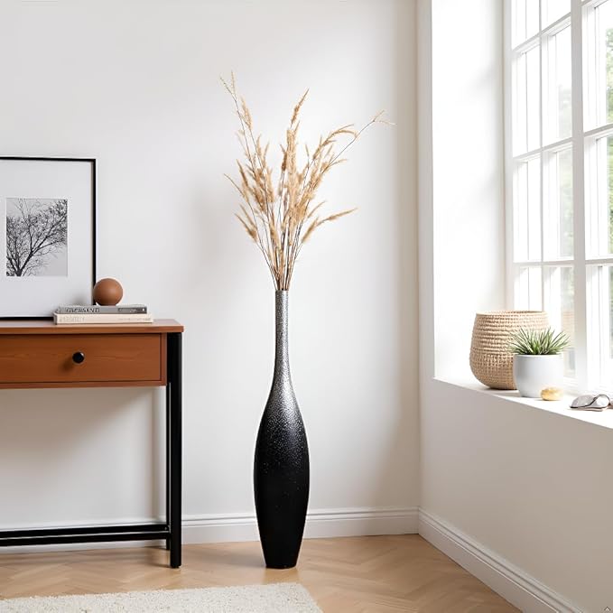 27.5" Tall Modern Floor Vase - Black with Silver Galaxy Ombre Finish - Resin Decorative Vases with Slim Neck & Weighted Base - Large Home Decor Vase for Living Room, Entryway