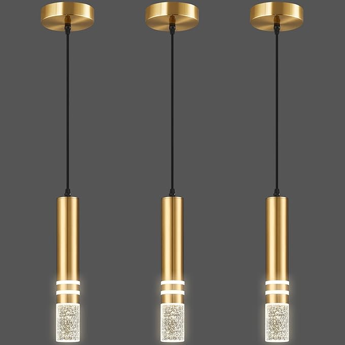 Pendant Lights Kitchen Island, Crystal Pendant Light Fixtures Mini 6W LED Modern Kitchen Pendant Lighting Over Sink and Living Room and Bedroom (Gold 3 Pack)