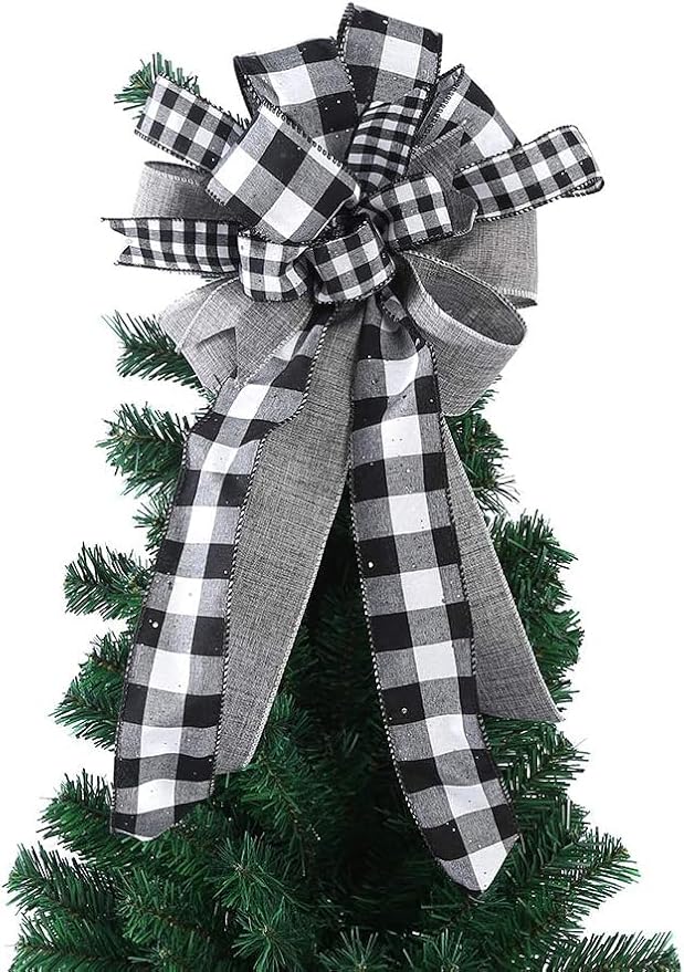 Christmas Tree Topper Bow, 23 Inch Red Black Plaid Buffalo Toppers Decorative Bow, Decoration Gift Bow for Holiday Front Door Wreath Decorations Indoor Outdoor