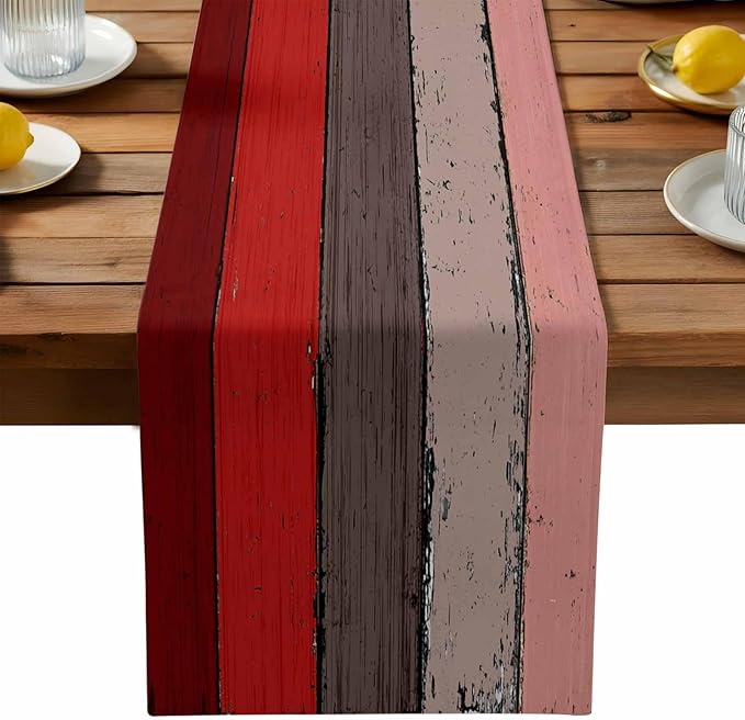 Farmhouse Cotton Linen Table Runner Dresser Scarf Retro Rustic Barn Wood Texture Ombre Christmas Red Brown Non-Slip Rectangle Settings Decoration for Kitchen Home Dining Holiday, 18x72 inch