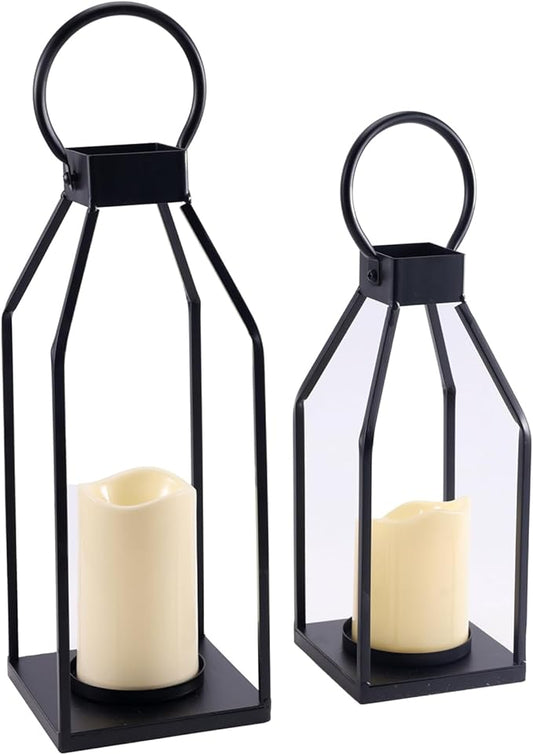PHOSPHOR Modern Farmhouse Decor Lanterrn Set of 2 Black Metal Candle Holder for Indoor Outdoor Lanterns with Candles for Living Room Fireplace Dining Table Centerpieces Home Kitchen Decor